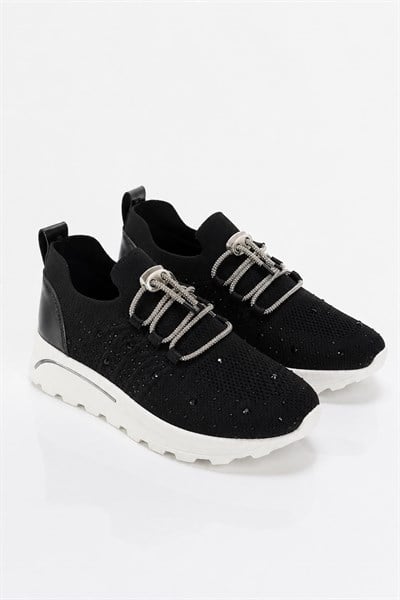 Kadın Triko Sneaker Taş Detaylı Konfor Taban Taş Bağcıklı Spor Ayakkabı Siyah