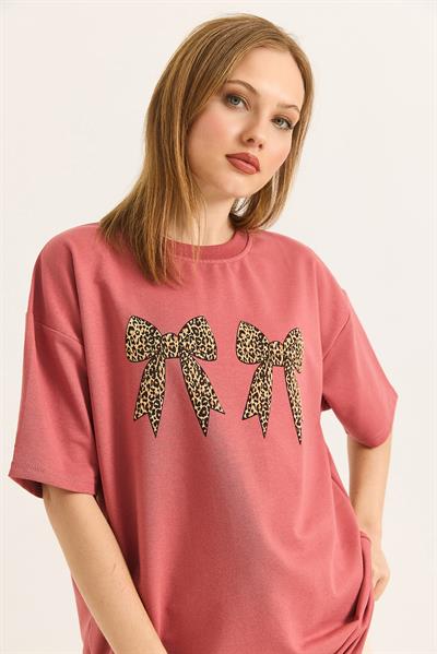 Kurdele Baskı Detaylı Basic TShirt Gül Kurusu