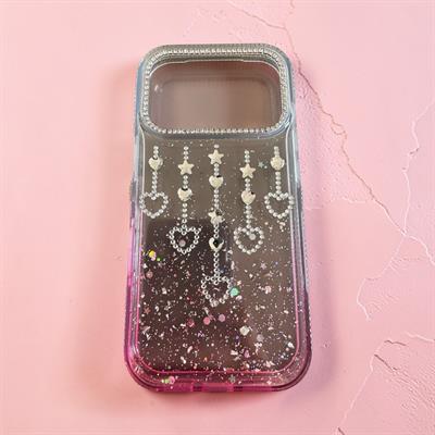 İphone 17  Pro Uyumlu Şeffaf ve Mor Geçişli Kalp-Yıldız Taşlı KILIF Pembe