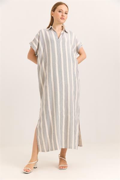 Polo Yaka Parlı İki Yanı Yırtmaçlı Yarasa Kol Oversize Dokuma Keten Elbise