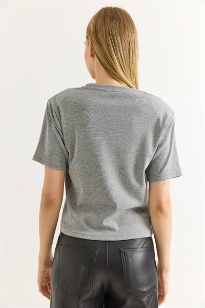Vatkalı Bisiklet Yaka Basic Tshirt Gri