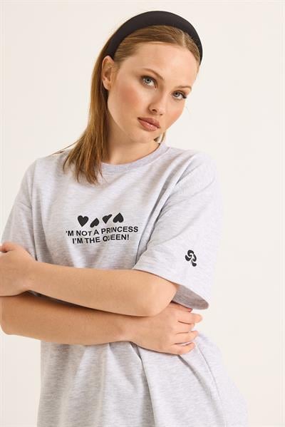 Bisiklet Yaka Baskılı Oversize Tshirt Gri