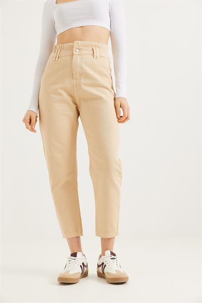 Yüksek Bel Bol Kesim Pantolon Bej