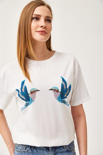 Kuş Baskılı Taş Detaylı Tshirt Ekru