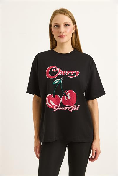 Baskılı Bisiklet Yaka Kadın Tshirt Siyah