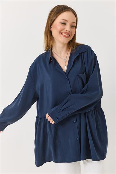 Lacivert Oversize Eteği Fırfırlı  Düğmeli Yumuşak Dokulu Tunik Gömlek