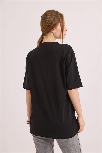 Kadın Bisiklet Yaka Göz Baskılı Oversize Tshirt Siyah