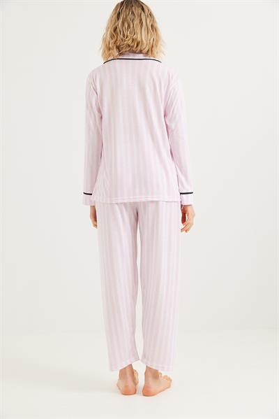 Düğmeli Uzun Kollu Pijama Takımı Pembe