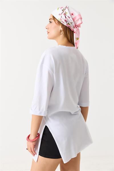 Kadın Yanları Yırtmaçlı Oversize  Basic Tshirt  Beyaz