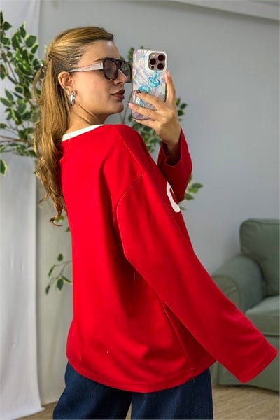 Kadın Yazı Baskılı Bisiklet Yaka Uzun Kollu Tshirt Kırmızı