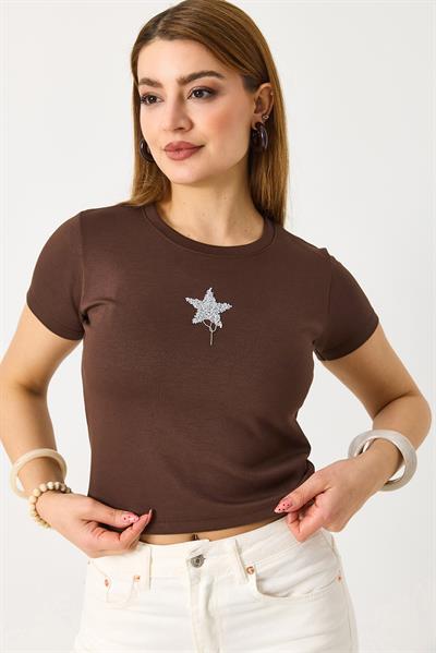 Kadın Kısa Kollu Yıldız Taşlı Crop Bluz Kahverengi