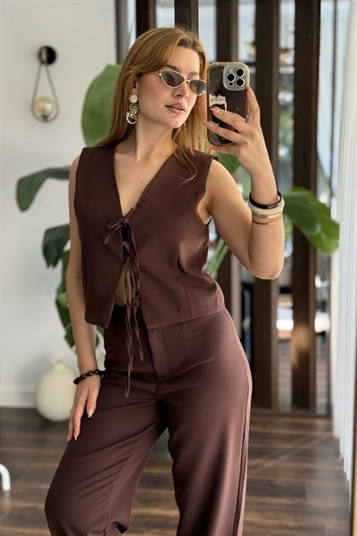 Kadın Bağlamalı Astarlı Yelek İkili Takım Kahverengi