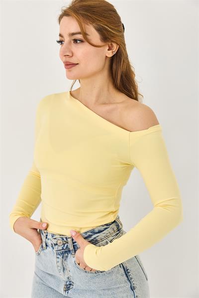 Kadın Asimetrik Yaka Şık Bluz Sarı
