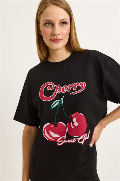 Baskılı Bisiklet Yaka Kadın Tshirt Siyah