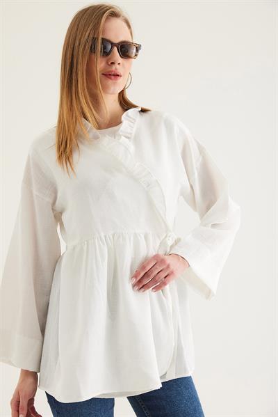 Yandan Bağlamalı Yakası Fırfırlı Kimono Beyaz