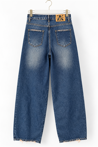 Yüksek Bel Kadın Eskitme Yıkamalı Wide Leg Jean Mavi