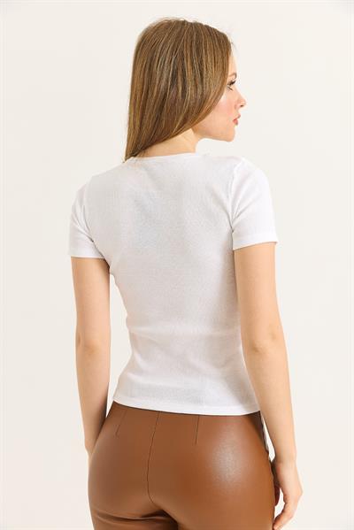 Bisiklet Yaka Zincir Detaylı Kaşkorse Bluz Beyaz