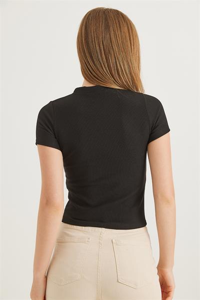 Yıldız Detaylı Fitilli Kısa Kollu Crop Bluz Siyah