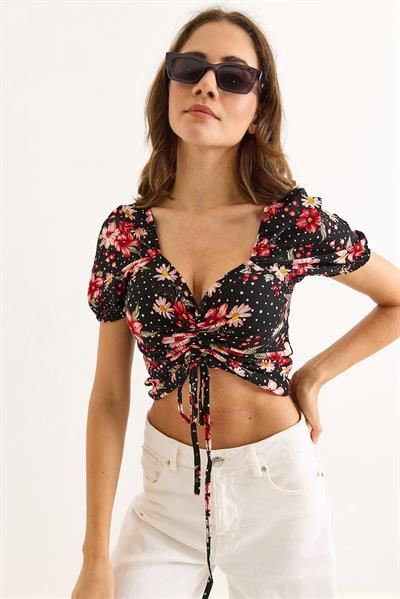 Desenli Prenses Kol Önden Büzgülü Bluz Siyah