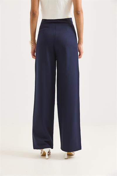 Yanları Şeritli Yüksek Bel Bol Paça Pantolon Lacivert