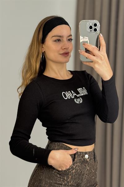 Kadın Uzun Kollu Kaşkorse Yazı Baskılı Crop Bluz Siyah