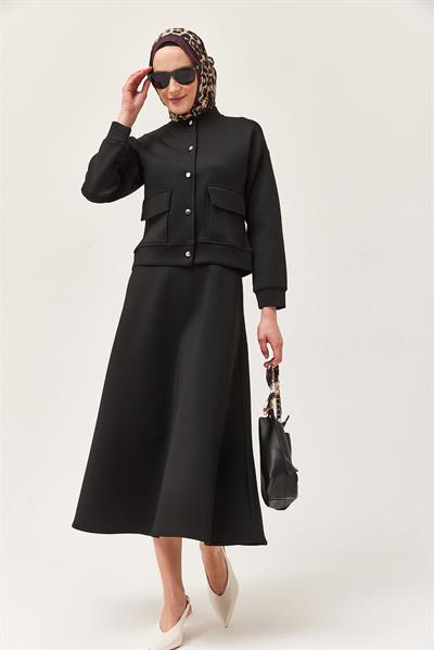 Metal Düğmeli Etekli Scuba İkili Takım Siyah 