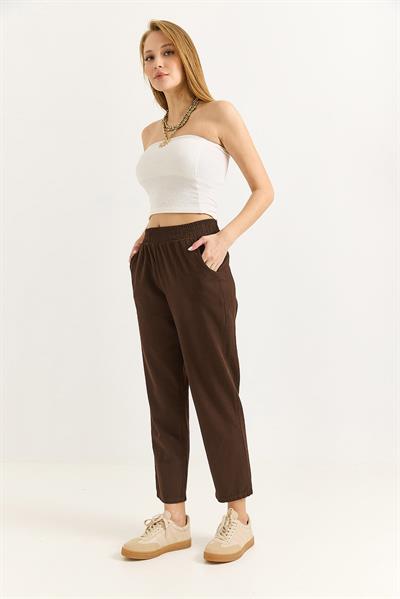 Kadın Elastan Kemerli Mom Pantalon Kahverengi