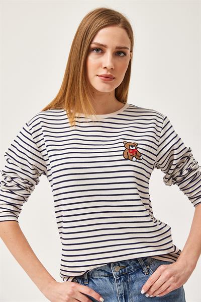 Bisiklet Yaka Çizgili Uzun Kollu Sweatshirt Lacivert