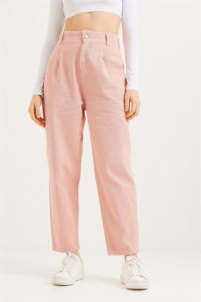 Yüksek Bel Bol Kesim Pantolon Pembe