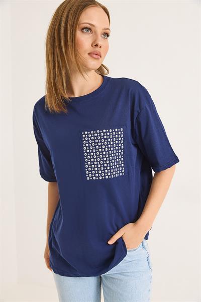 Bisiklet Yaka Taş Detaylı Cepli Tshirt Lacivert