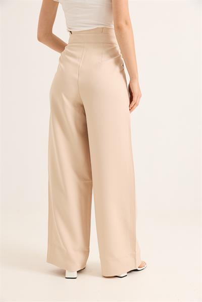 Yüksek Bel  Kemerli Bol Paça Pantolon Krem
