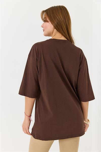 Kadın Yakası Gold Zincirli Bisiklet Yaka Tshirt Kahverengi