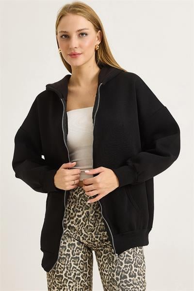 Kadın Oversize Kapüşonlu Fermuarlı Hırka Siyah