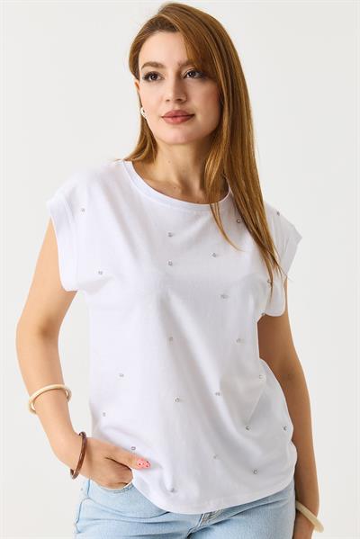 Kadın Taş Detaylı Şık Tshirt Beyaz