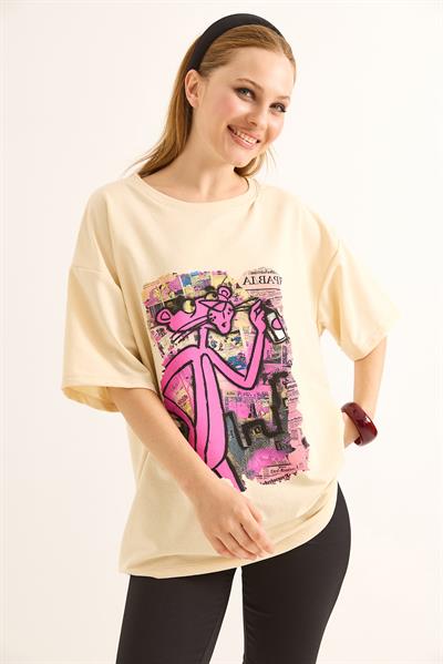 Baskılı Oversize Kesim Kadın Tshirt Sarı