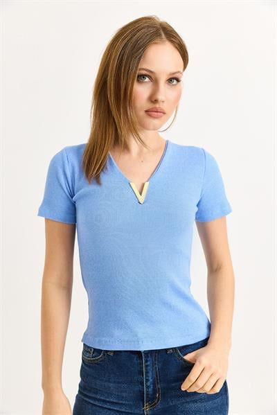 Yaka V detay Kısa Kol Kaşkorse  Mavi