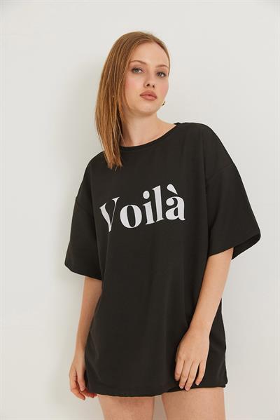 Voila Baskılı Oversize İki İplik Tshirt Siyah