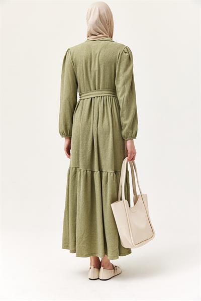 Yarım Düğmeli Beli Kuşaklı Elbise Yeşil