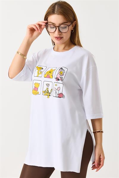 Kadın Yanı Yırtmaçlı Oversize Basic Tshirt Beyaz