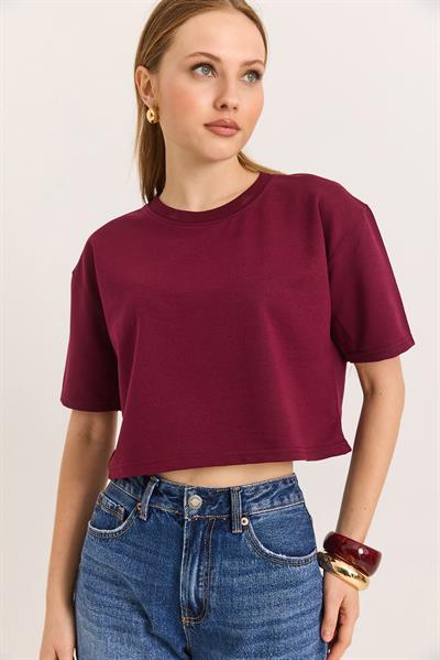 Bisiklet Yaka Havalı Crop İki İp Tshirt Bordo