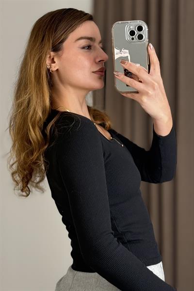 Kadın Fitilli Kare Yaka Uzun Kollu Bluz  Siyah