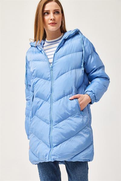 Kapüşonlu Oversize Şişme Mont Mavi