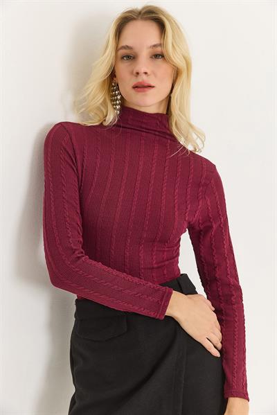 Kadın Balıkçı Yaka Triko Esnek Kazak Bordo