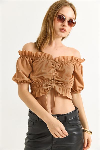 Madonna Yaka Büzgülü Crop Bluz Kahve