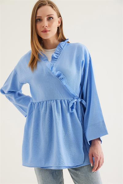 Yandan Bağlamalı Yakası Fırfırlı Kimono Mavi