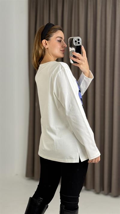 Kadın Beyaz Baskılı Uzun Kollu Tshirt
