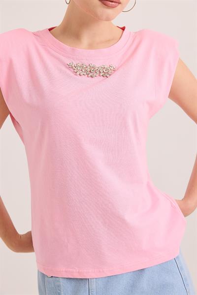 Omuz Vatkalı Şık Aksesuar Detaylı Pamuk Örme Tshirt Pembe