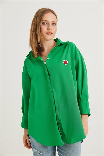 Kalp Nakışlı  Oversize Basic Gömlek Yeşil