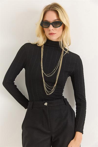 Kadın Balıkçı Yaka Triko Esnek Kazak Siyah