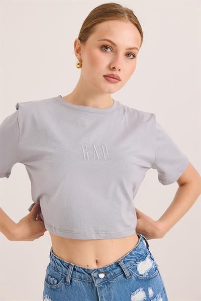 Nakışlı Örme Pamuk Crop Tshirt Gri